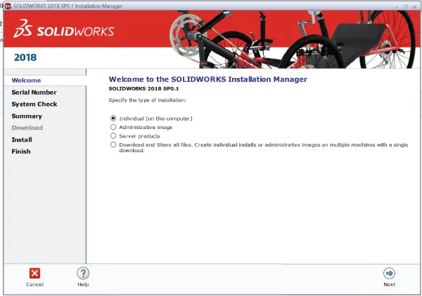 SOLIDWORKS 2018 SPO.1 Installation Manager window displaying a label “Welcome to the SOLIDWORKS Installation Manager”, “ SOLIDWORKS 2016 SPO.1”, etc., with “Individual (on this computer)” below bulleted.