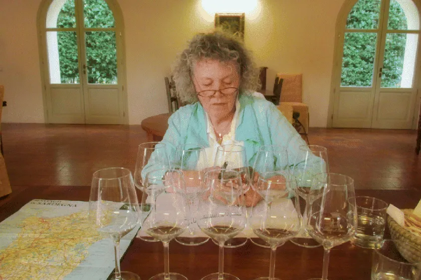 Photograph depicting a woman sitting on the chair and some glasses with wine are kept on the table.