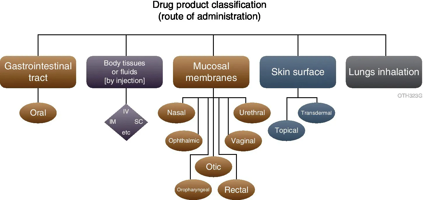 Block diagram of the classification of therapeutic products in terms of 3 tiers: route of administration, dosage form, and performance test.