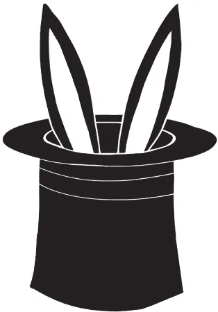 Illustration of silhoutte of rabbit ears peeking out from a magician's hat.