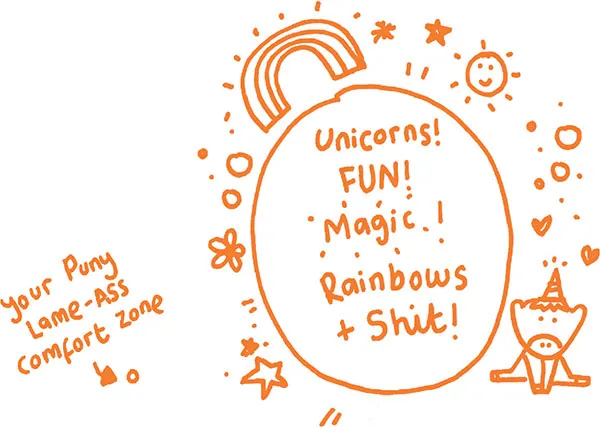 Cartoon shows excited boy making open arm gesture along with text inside circle