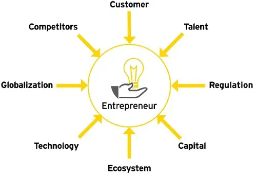 The figure shows a circle representing various environmental challenges in which entrepreneurs operate. These challenges include: customer, talent, regulation, capital, ecosystem, technology, globalization, competitors. 