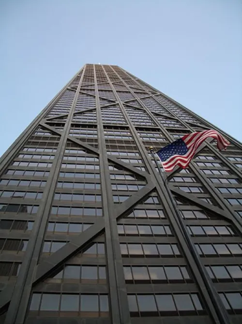 Photograph showing braces emphasized esthetically in the John Hancock Tower of Chicago.