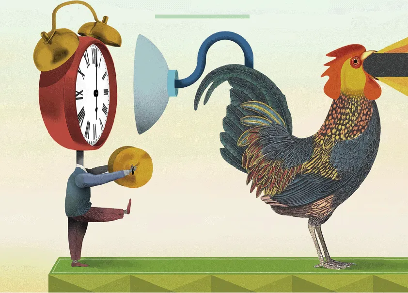 A cartoon image in the background of the page depicting an alarm clock (left) and a cock (right).