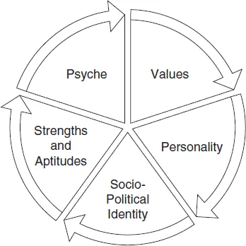 Figure depicting our “self” comprises the five elements: psyche, values, personality, socio-political identity, and strengths and aptitudes.