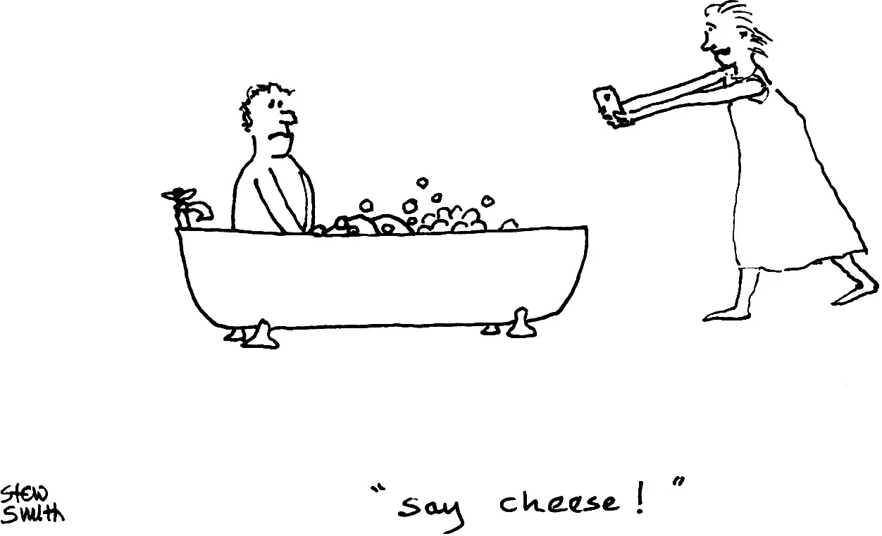 Cartoon illustration of a man on a bathtub and a woman taking a picture of him, with text say cheese!