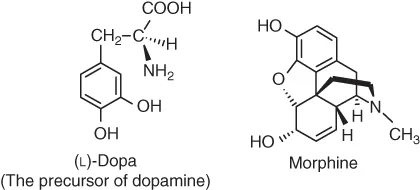 Chemical structures of L-Dopa (the precusor of dopamine) and Morphine.