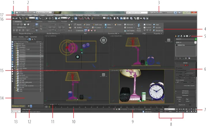 Screenshot of the 3ds Max user interface with elements labeled by numbers from 1 to 17. Functions and descriptions are found in Table 1.1.