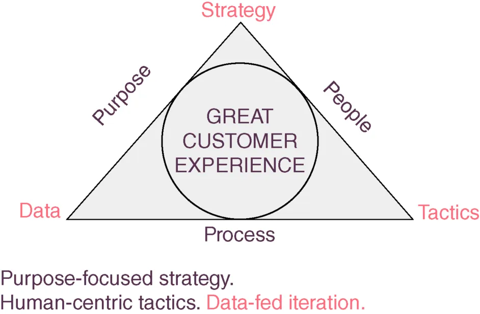A triangle depicting the experience marketing framework, where its vertex are representing strategy, data, and tactics. The sides of the triangle are representing purpose, people, and process. A circles inside the triangle is representing great customer experience.