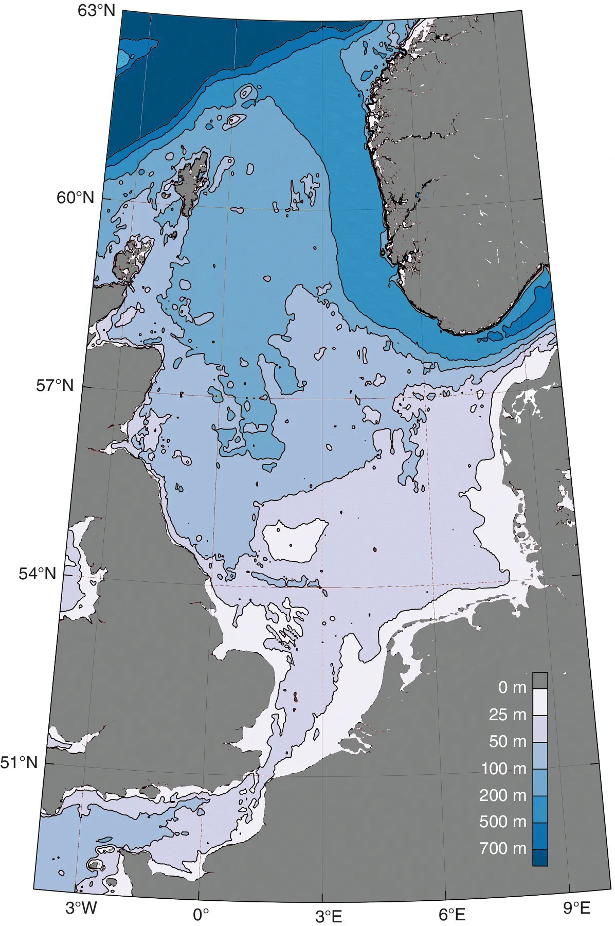Topographic map of the North Sea depicting 63°N, 60°N, 57°N, 54°N, and 51°N.