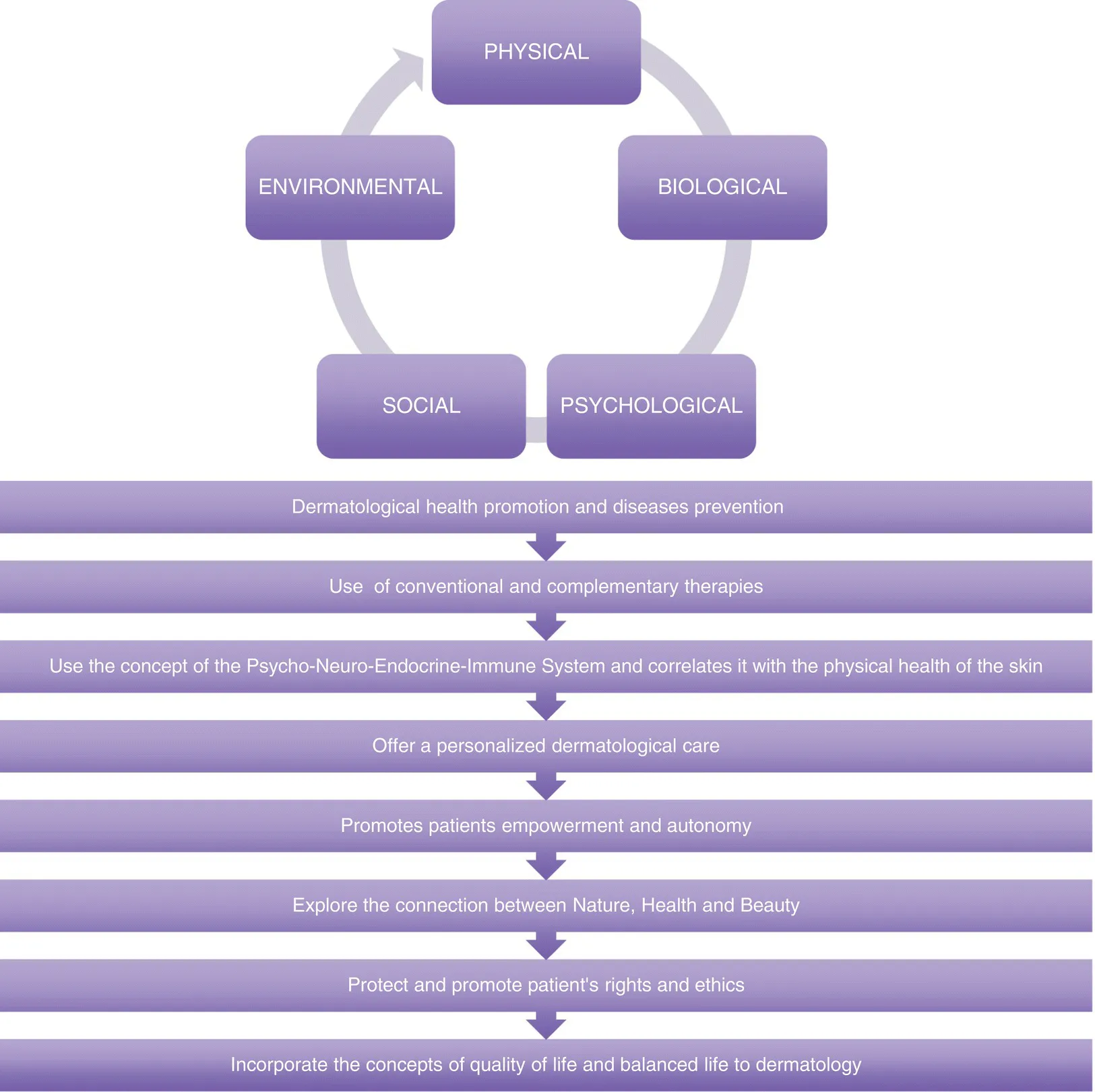 Top: continuous cycle from physical to biological to psychological to social to environmental. Bottom: flow from dermatological health promotion and diseases prevention to incorporation of concepts of quality….