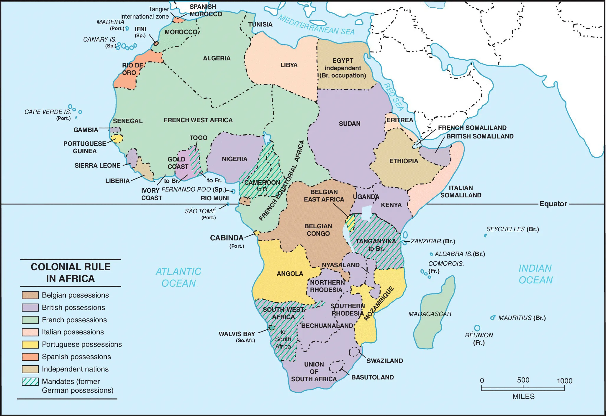 Map of Africa illustrating the European colonization, with various shades representing countries under Belgian, British, French, Italian, Portuguese, Spanish possessions.