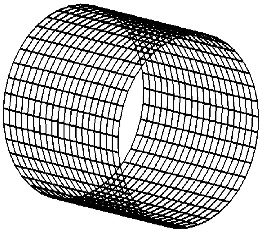 3-Dimensional finite element diagram of a cylindrical grid.