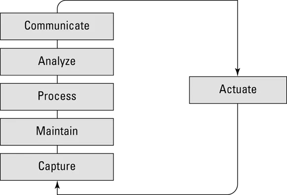 Flow diagram depicting Communicate, Analyze, Process, Maintain, and Capture connected at the top to Actuate and connected at the bottom with arrows.