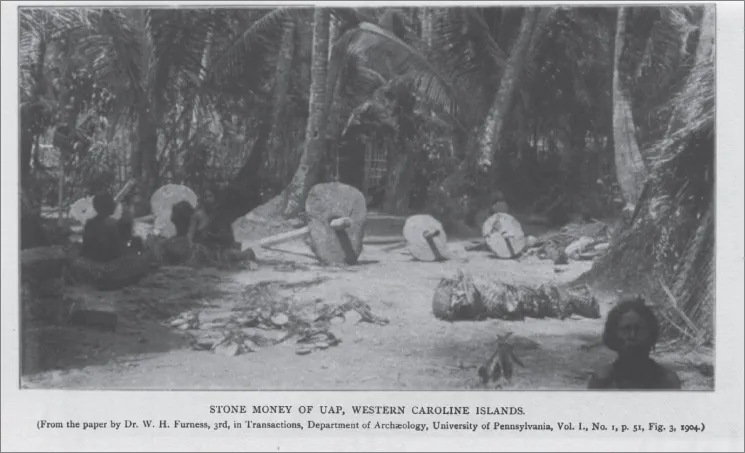 Photograph showing the stone money of Yap, in the Western Caroline Islands.