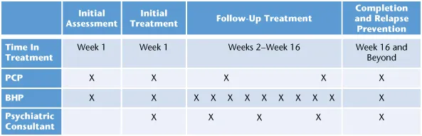 Chart of timeline of treatment and involvement of PCP, BHP, and psychiatric consultant from initial assessment to initial treatment, follow-up treatment, and completion and relapse prevention stage.