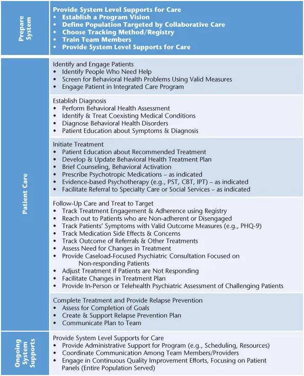 Chart listing tasks of Collaborative Care, divided into Prepare System, Patient Care, and Ongoing System Supports.