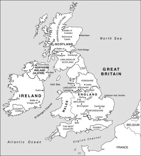 Map of British Isles shows North Sea and Atlantic sea at the top right and left bottom respectively. Scotland is at the top while Great Britain is at the bottom. Island of Ireland is at the mid left.