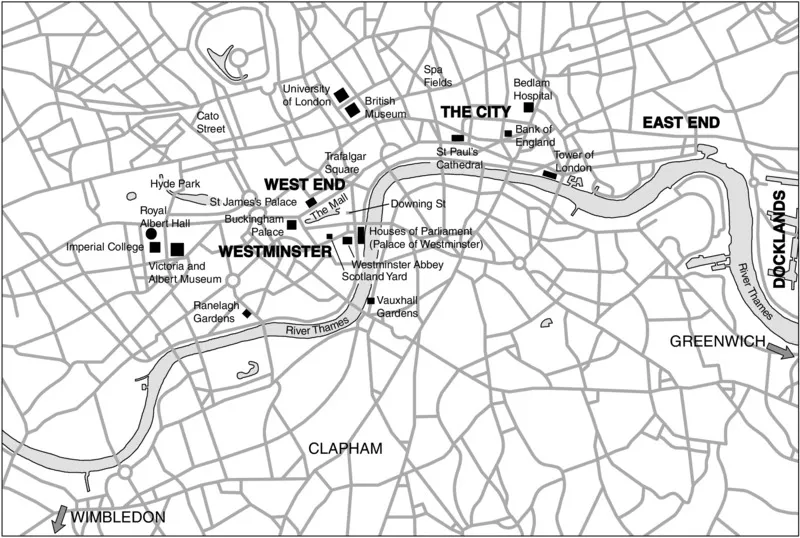 Map of London with river Thames flowing through the city. The upper side of Thames shows the major landmarks and areas: Royal Albert Hall, University of London, Westminster, Docklands etc.