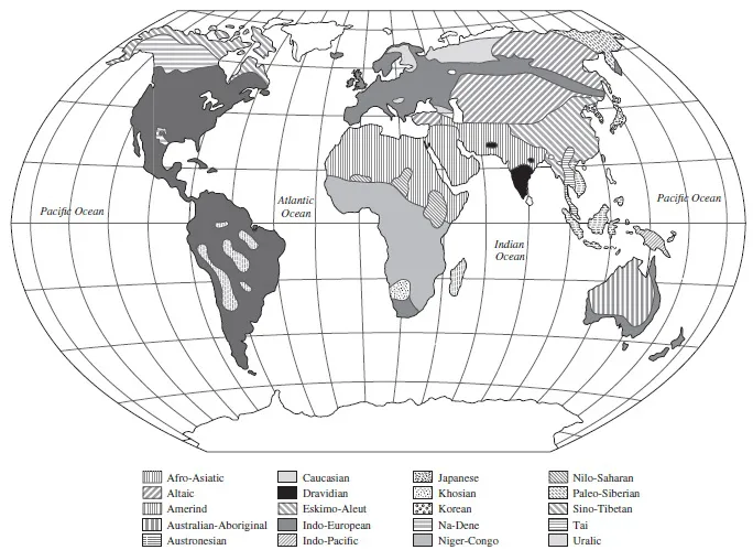 Chart shows the World map with depiction of various language families.