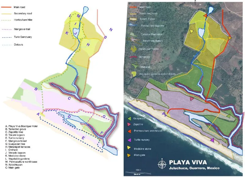 Map of playa viva showing its eco system, various roads, sanctuary, mangrove trail, detours et cetera in different colors.