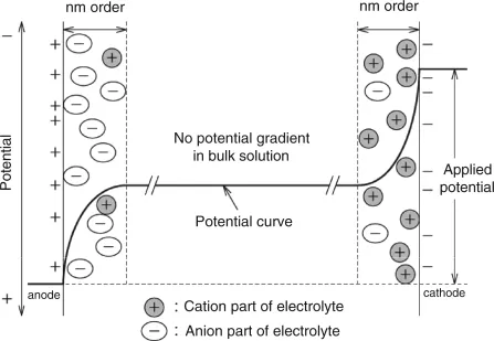 An electrical double-layer model. The electron transfer takes place at anode on the left side and then at cathode on the right side. Cations are denoted as shaded circles and anions as ovals.