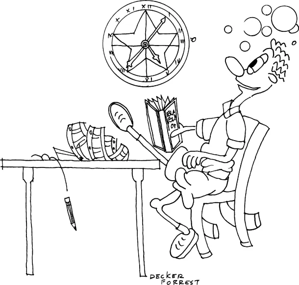 Figure depicting a cartoon where a boy sitting on a chair is thinking something with a book in his hand and one leg on the table kept in front of him. On the table is a base ball glove and a pencil is falling from the table. On the wall is a clock depicting time as 5:05.