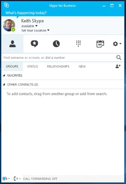 Screenshot shows user startup screen with user name, status, location and selected contact tab. The subtabs for groups, status, relationships and new is shown along with search field for finding contacts.