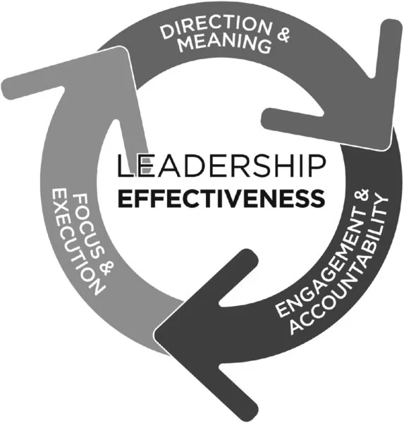 Circle of three arrows leading into each other. One contains “Direction and Meaning”; another contains “Engagement and Accountability”; another contains “Focus and Execution”. In the middle of the circle there is “Leadership Effectiveness”.