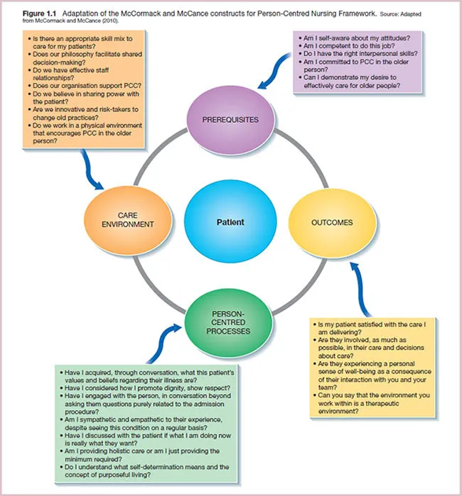 Diagram shows nursing framework of patient having prerequisites, outcomes, care environment, and person-centered processes.