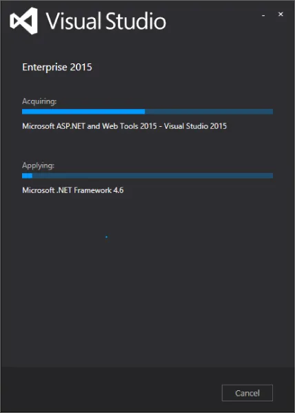 Progress dialog of the Visual Studio 2015 installation setup. It presents data being acquired (top) and applied (bottom). A Cancel button is located on the lower right.