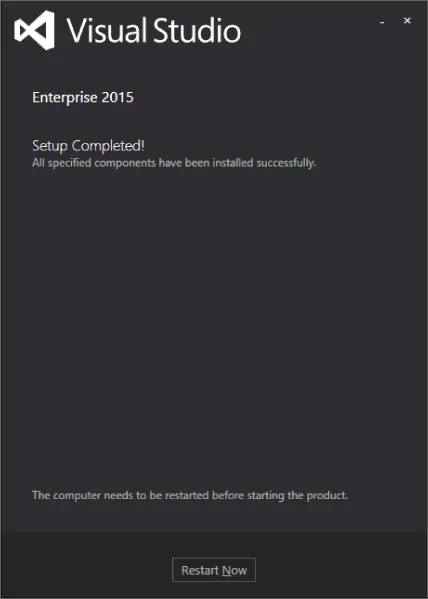 Dialog box of the Visual Studio 2015 installation setup displaying notification of completed installation. A Restart Now button is located at the bottom.
