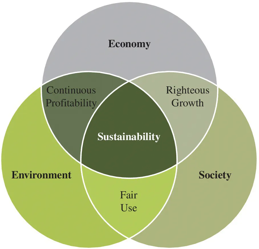 Venn diagram of the fields defining sustainable development: economy, environment, and society sharing continuous profitability, fair use, and righteous growth.